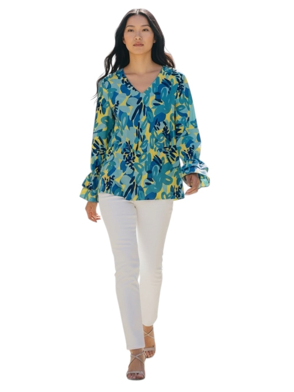 Estee Brown Paris S Blue Yellow Abstract V-Neck, Ruffle Sleeve, Size Small
